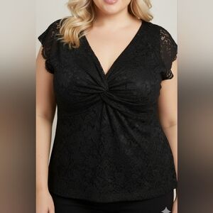 Addition Elle Black Lace V-Neck Short Sleeve Top Stretch size 1X Dressy Fancy